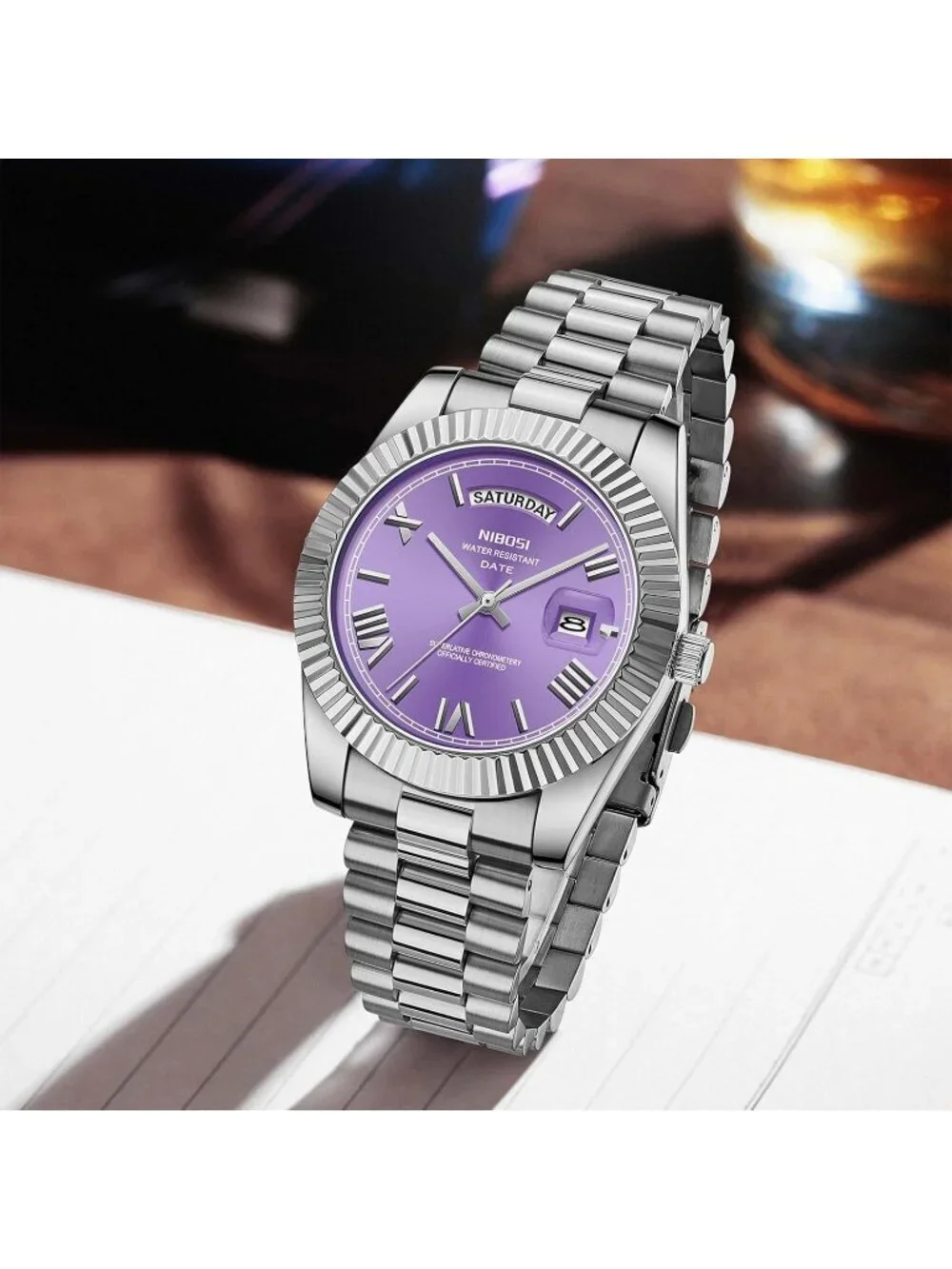 Nibosi Mens Silver Purple Analog Quartz Stainless Waterproof Desiger Wrist Watch